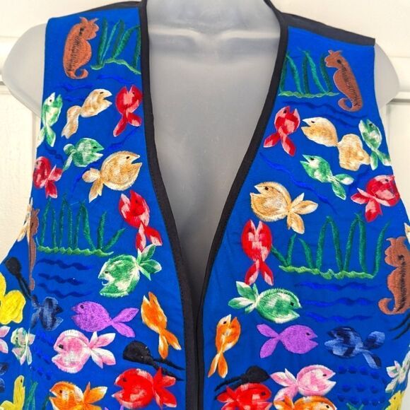 VTG Embroidered Fish Vest Maximalist Whimsical Rainbowcore Animal Print Sea L - Picture 3 of 8